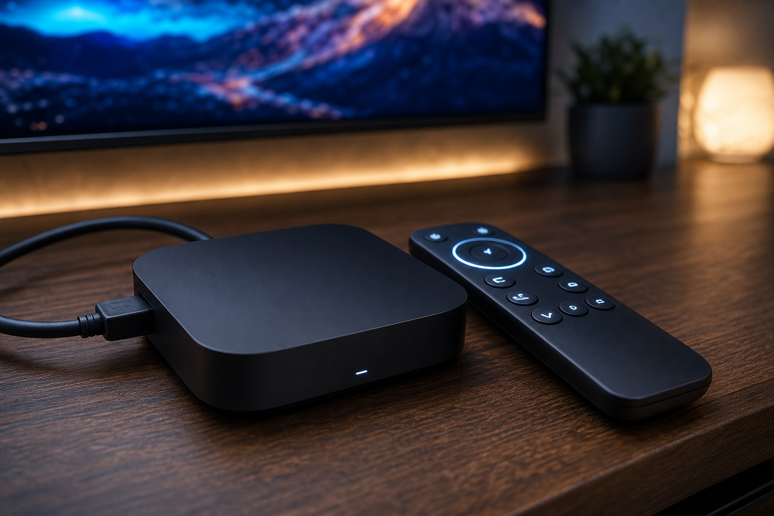 Android IPTV box with backlit remote on a Canadian TV stand