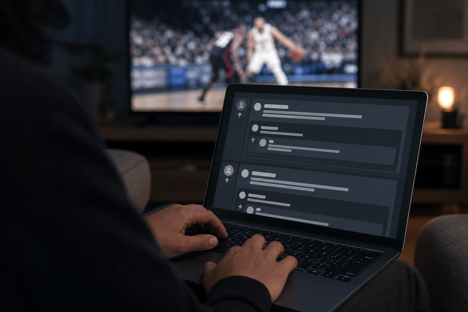 Reading IPTV Canada Reddit threads on a laptop while a game plays on TV