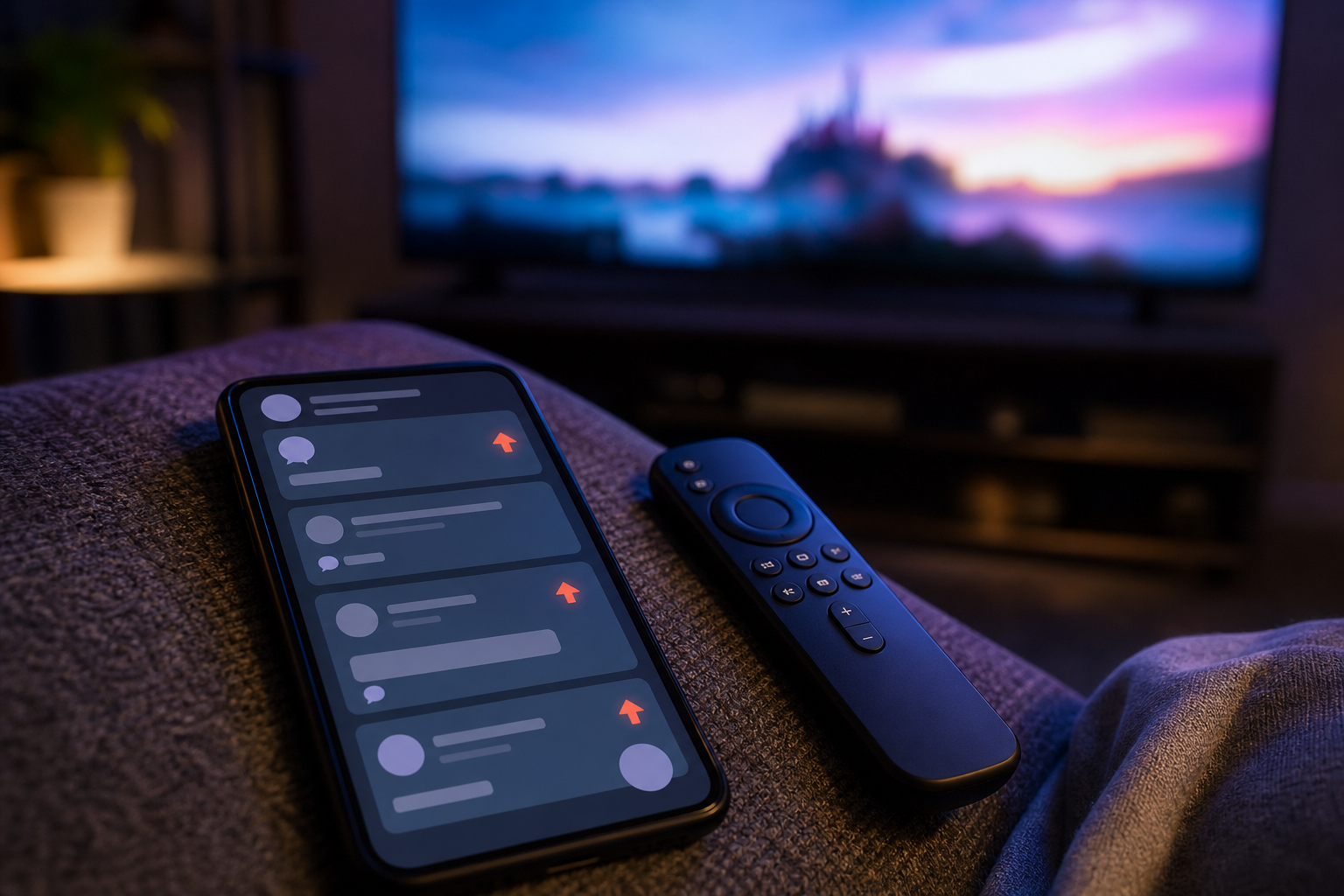 Checking community IPTV advice on a phone next to the TV remote