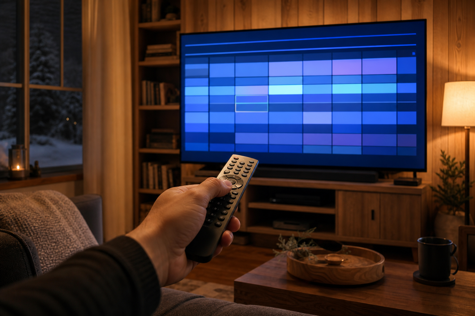 IPTV Smarters Pro channel guide on a TV with remote in a Canadian home