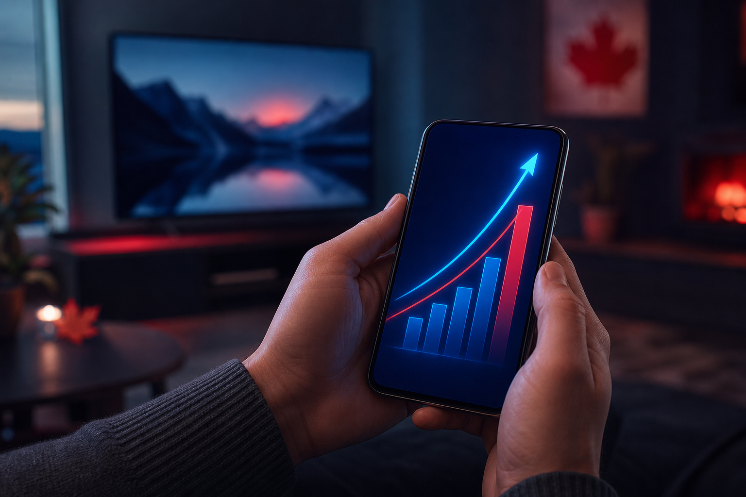 Cord cutting Canada savings: rising savings graph on a phone beside the TV